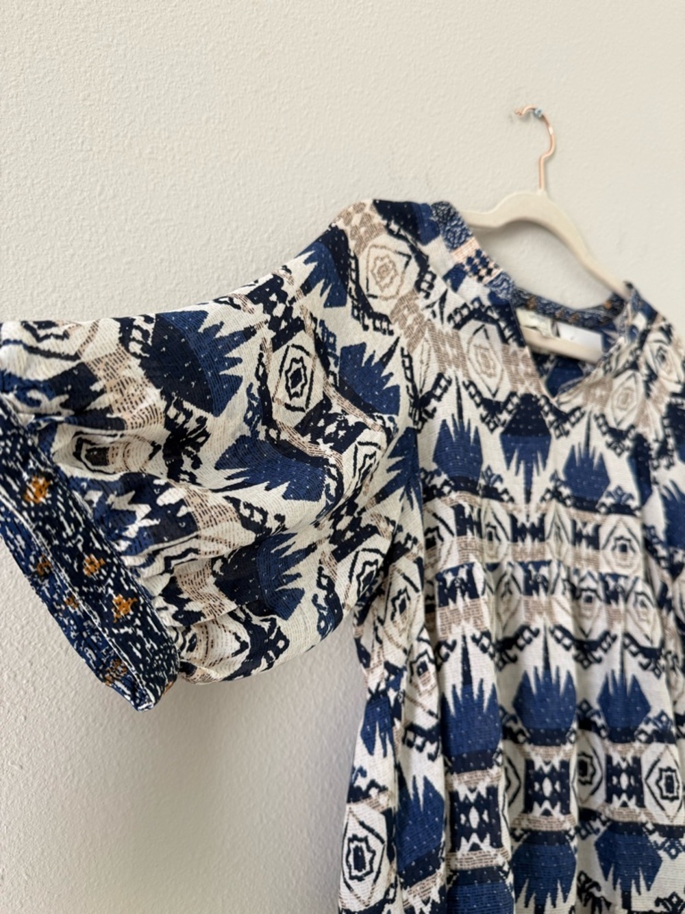 Umgee Navy Blue, Mustard & Cream Aztec Print V-Neck Tunic Babydoll Dress Small - Picture 2 of 6